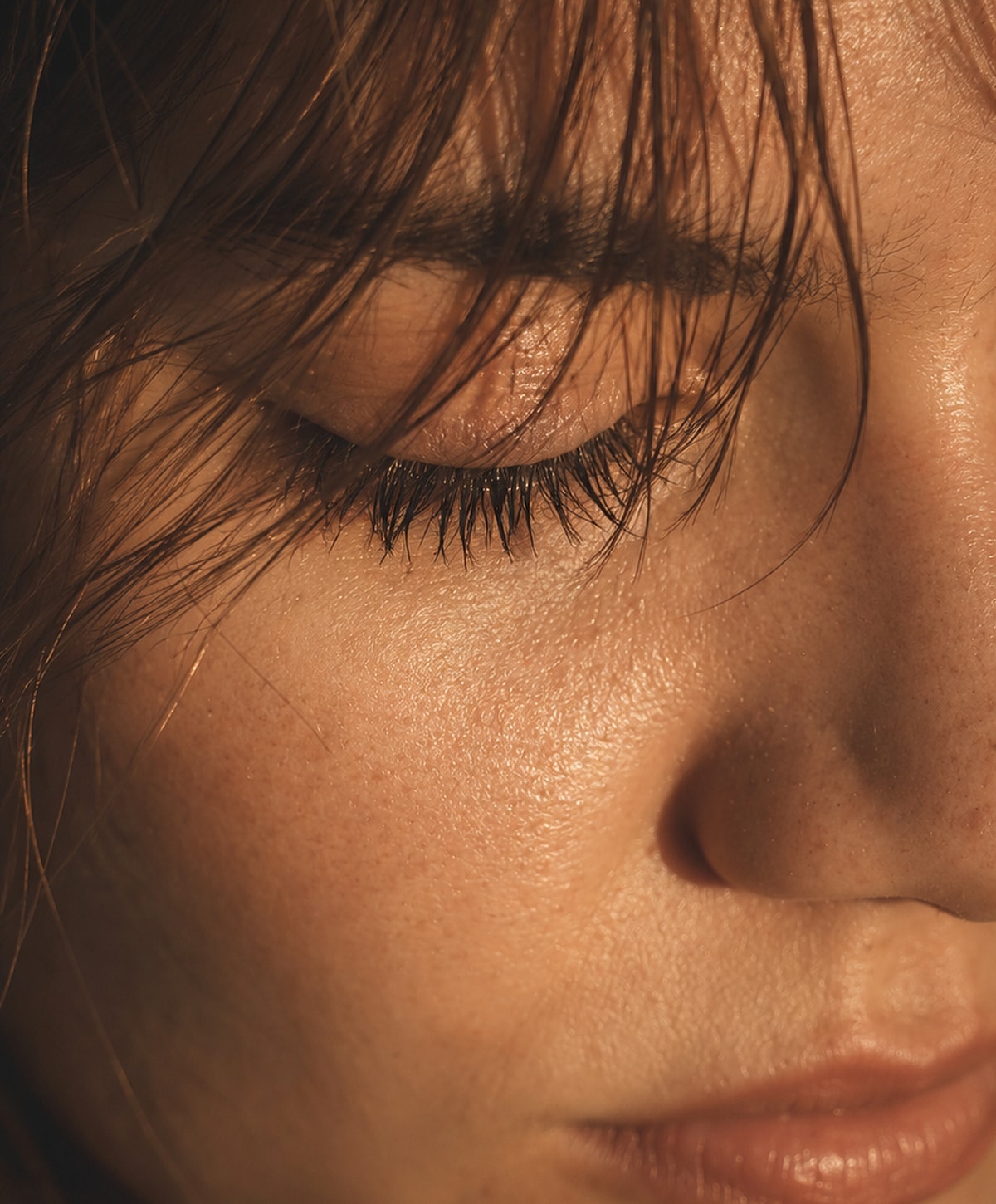 Close-up of a person's serene face.